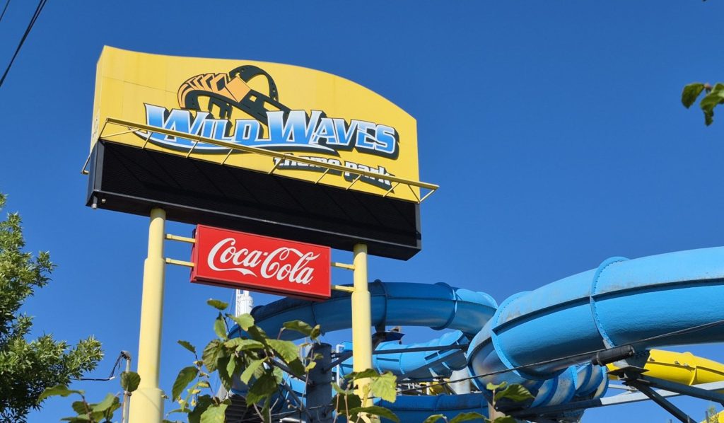 Wild Waves Sign in Front of Blue Sky