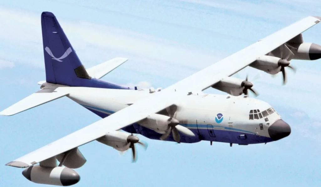 NOAA hurricane Hunter Aircraft Flies in Clear Sky