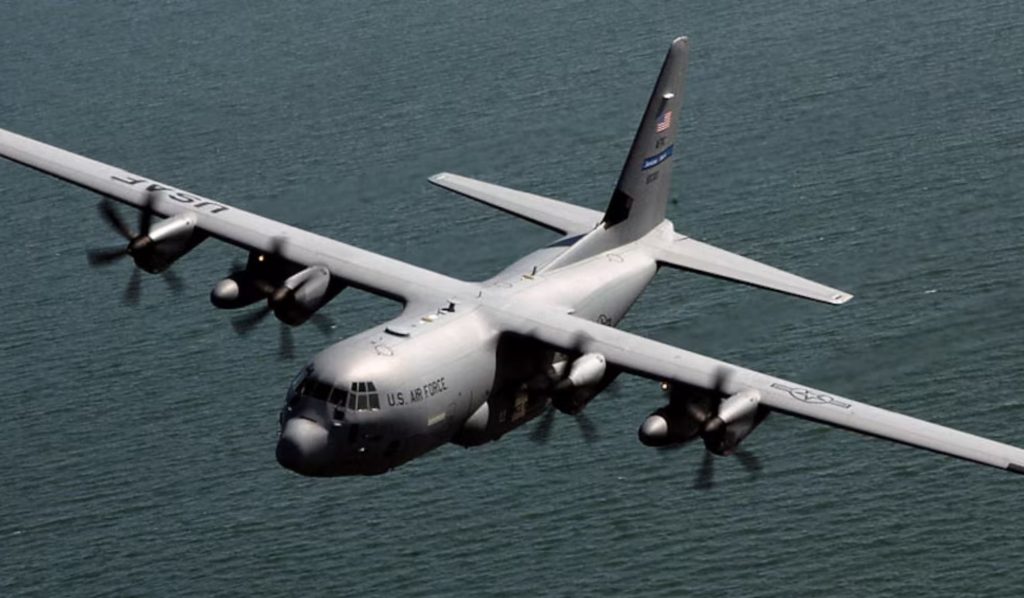 U.S. Air Force Hurricane Hunter Aircraft Flies Above Dark Sea