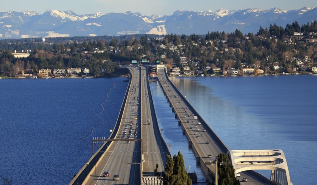 Interstate 90's Floating Bridge Crosses Lake Washington