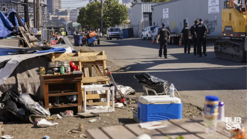 Homeless-camp-South Seattle-with-Building-in -Background